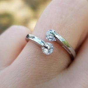 Silver Double Round Crystal Adjustable Open Ring